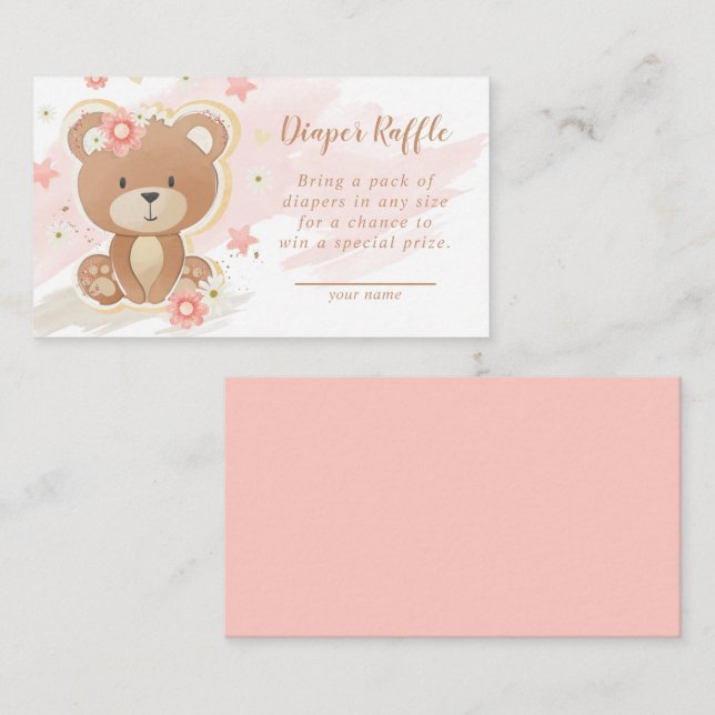 Teddy Bear Pink Baby Shower Diaper Raffle Enclosure Card (Front/Back)