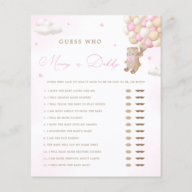 Teddy Bear Pink Baby Shower Mummy or Daddy Game (Front)