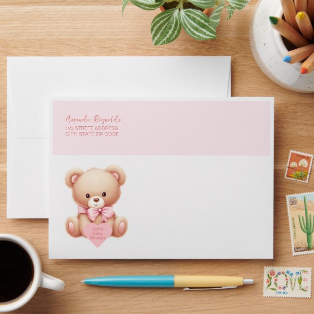 Teddy Bear Pink Baby Shower Return Address Envelope (Desk)
