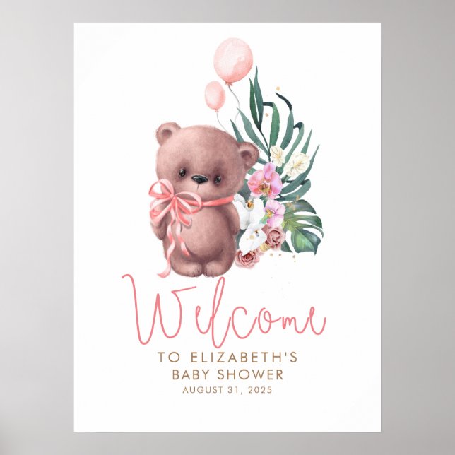 Teddy Bear Pink Baby Shower Welcome Sign (Front)