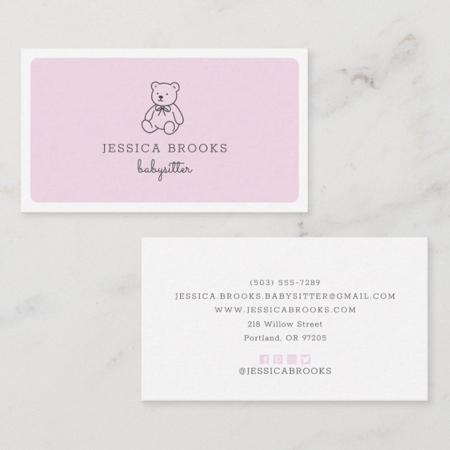 Teddy bear, pink, babysitter, children daycare  business card (Front/Back)