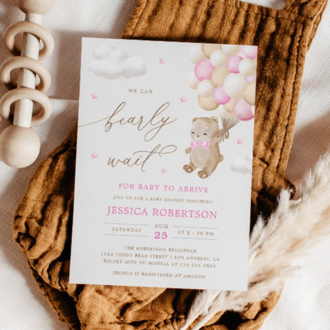 Teddy Bear Pink Ballons Baby Shower Invitation (Creator Uploaded)