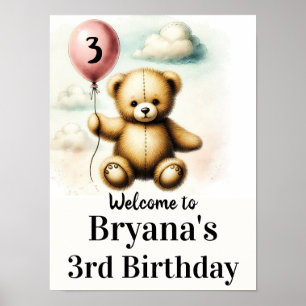 Teddy Bear Pink Balloon 1st Birthday Sign