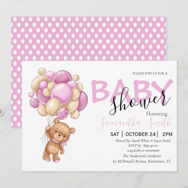 Teddy Bear Pink Balloon Baby Shower Invitations  (Front/Back)