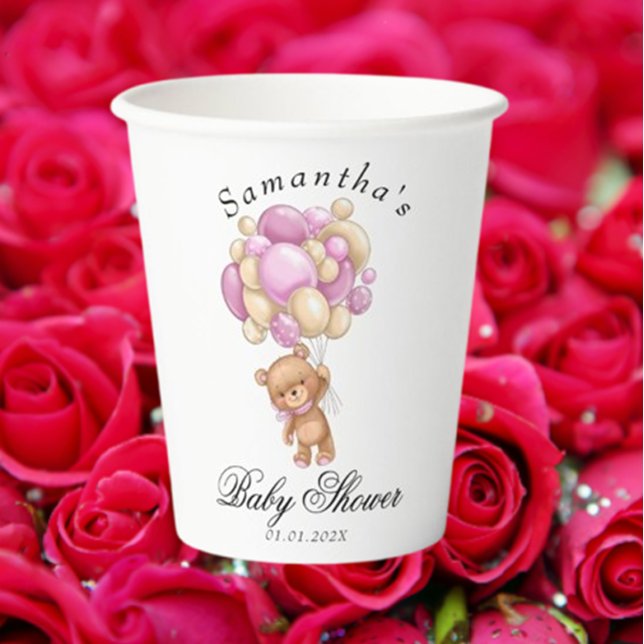 Teddy Bear Pink Balloon Baby Shower Paper Cups (Celebrate your little one's arrival with our adorable Teddy Bear Pink Balloon Baby Shower paper cups)