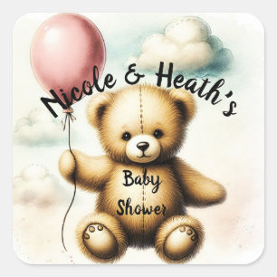 Teddy Bear Pink Balloon Baby Shower Square Sticker