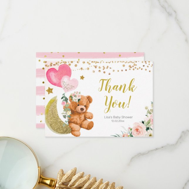 Teddy Bear Pink Balloon Baby Shower Thank You card (Front/Back In Situ)