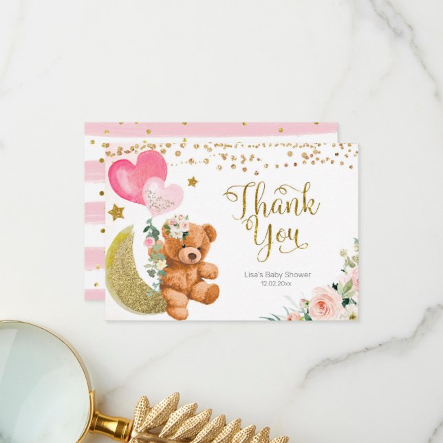 Teddy Bear Pink Balloon Baby Shower Thank You card (Front/Back In Situ)