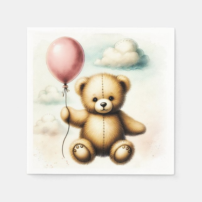 Teddy Bear Pink Balloon Bearly Wait Baby Shower  Napkin (Front)