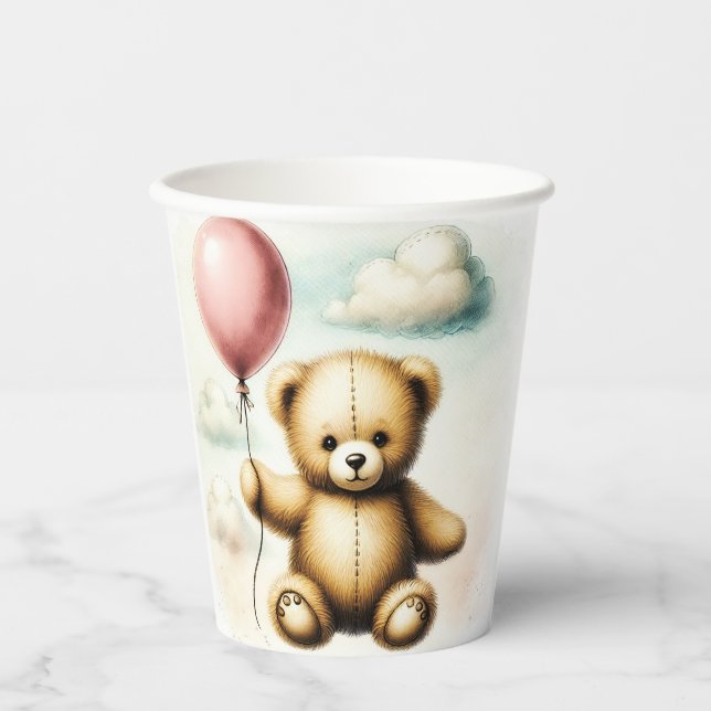 Teddy Bear Pink Balloon Bearly Wait Baby Shower  Paper Cups (Front)