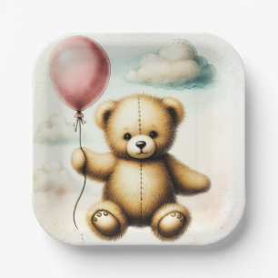 Teddy Bear Pink Balloon Bearly Wait Baby Shower Paper Plate
