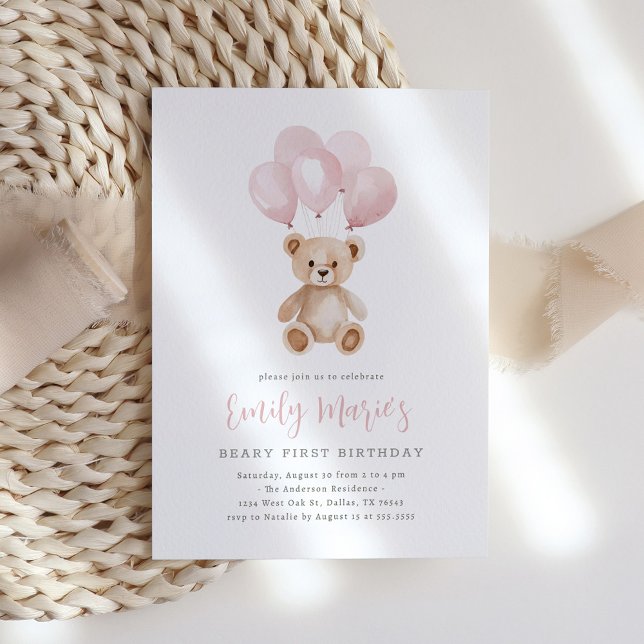 Teddy Bear Pink Balloon Beary First Birthday Invitation (Creator Uploaded)