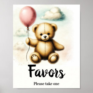 Teddy Bear Pink Balloon Birthday Favour Sign