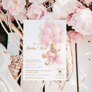 Teddy Bear Pink Balloon Bow Baby Girl Shower Invitation