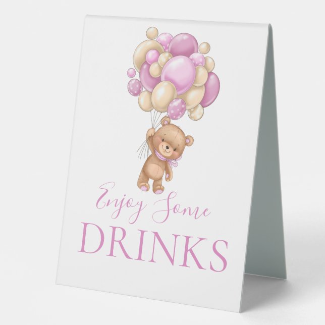 Teddy Bear Pink Balloon DRINKS Table Tent Sign (Front)