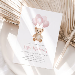 Teddy Bear Pink Balloon Girl Baby shower Invitation