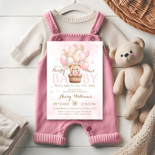 Teddy Bear Pink Balloon Girl Baby Shower  Invitation