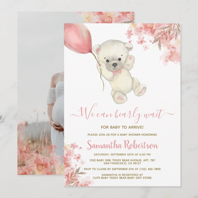 Teddy Bear Pink Balloon Girl Baby Shower Photo Invitation (Front/Back)