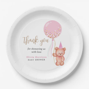Teddy Bear Pink Balloon Girl Baby Shower Thank You Paper Plate