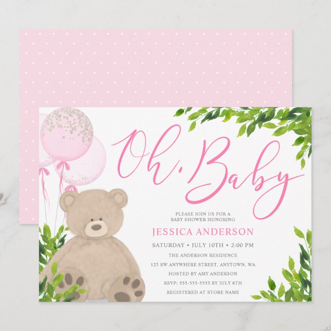 Teddy Bear Pink Balloon Greenery Girl Baby Shower Invitation (Front/Back)