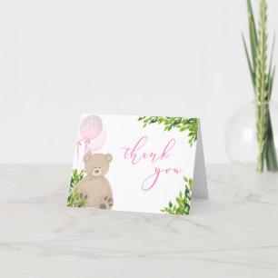 Teddy Bear Pink Balloon Greenery Girl Baby Shower Thank You Card