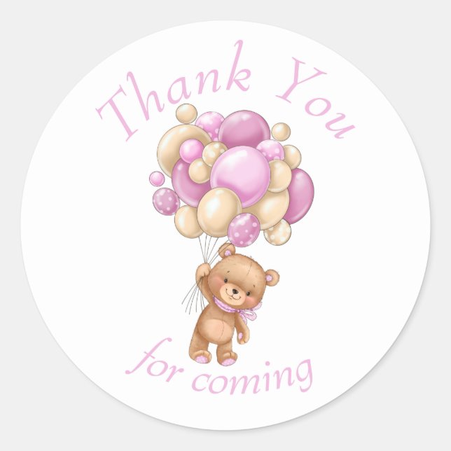 Teddy Bear Pink BALLOON thank you Classic Round Sticker (Front)