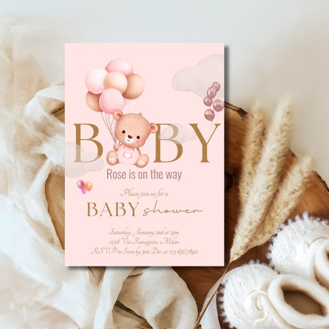 Teddy Bear Pink Balloons Baby Girl Baby Shower Invitation (Creator Uploaded)