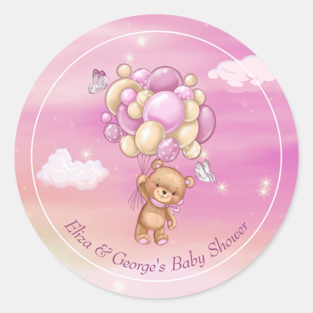 Teddy Bear Pink Balloons Baby Shower Classic Round Sticker (Front)