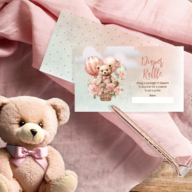 Teddy Bear Pink Balloons Baby Shower Diaper Raffle Enclosure Card (Teddy Bear in a Hot Air Balloon with Pink Flowers Girl Baby Shower Diaper Raffle Cards)