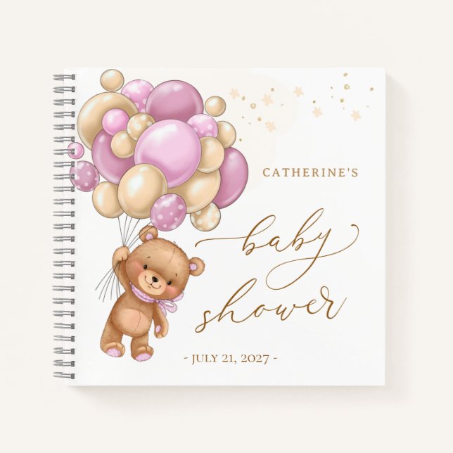 Teddy Bear Pink Balloons Baby Shower Guest Book (Front)