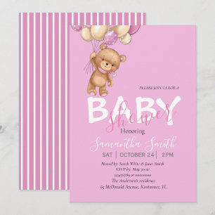 Teddy Bear, PINK Balloons Baby Shower Invitation