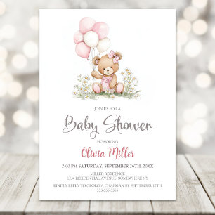 Teddy Bear Pink Balloons Baby Shower Invitation
