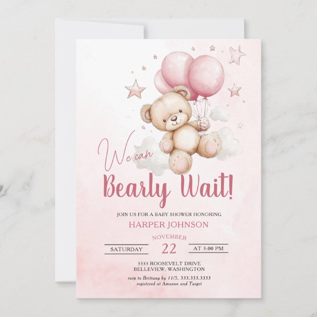 Teddy Bear Pink Balloons Baby Shower Invitation (Front)