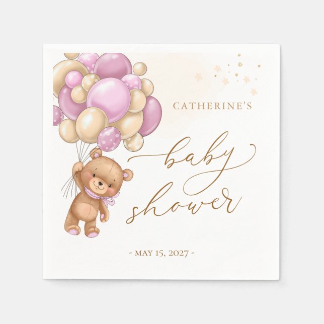 Teddy Bear Pink Balloons Baby Shower Napkins (Front)