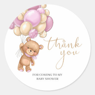Teddy Bear Pink Balloons Baby Shower Thank You Classic Round Sticker