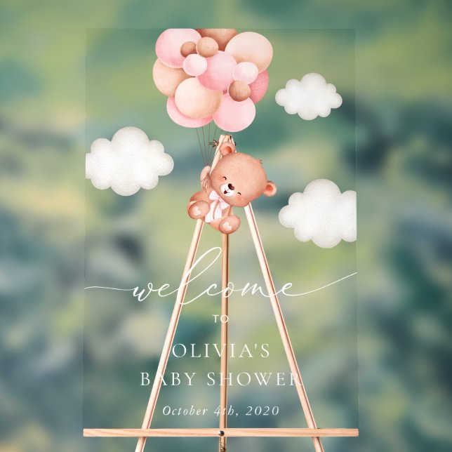 Teddy Bear, Pink Balloons, Baby Shower Welcome Acrylic Sign (Neutral)