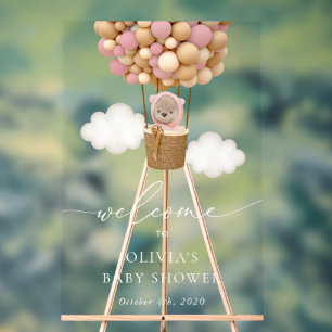 Teddy Bear, Pink Balloons, Baby Shower Welcome Acrylic Sign