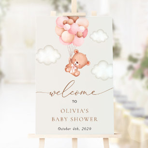 Teddy Bear, Pink Balloons, Baby Shower Welcome Poster