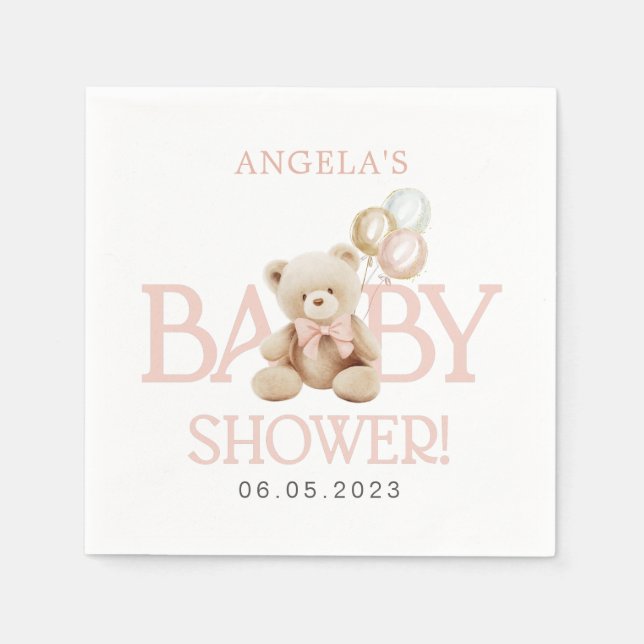 Teddy Bear Pink Balloons Bearly Wait Baby Shower Napkin (Front)
