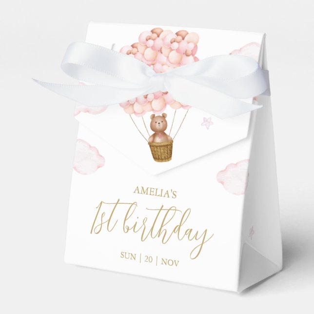 Teddy Bear Pink Balloons Birthday Party Favour Box (Front Side)