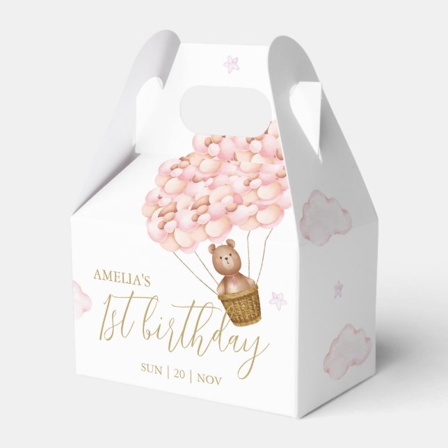 Teddy Bear Pink Balloons Birthday Party Favour Box (Front Side)