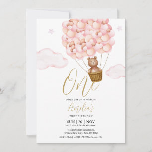 Teddy Bear Pink Balloons Birthday Party Invitation