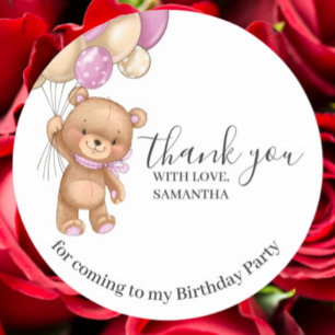 Teddy Bear PINK Balloons Birthday Thank You Classic Round Sticker