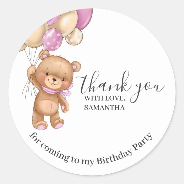 Teddy Bear PINK Balloons Birthday Thank You Classic Round Sticker (Front)