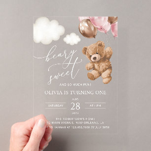 Teddy Bear, Pink Balloons, First Birthday Acrylic Invitations