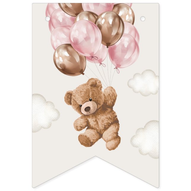 Teddy Bear, Pink Balloons, First Birthday Bunting (First Flag)
