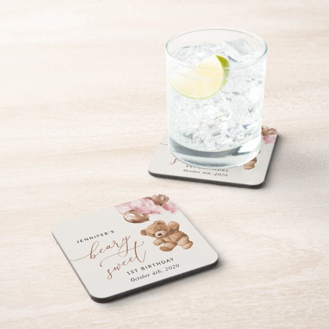 Teddy Bear, Pink Balloons, First Birthday Coaster (Right Side)