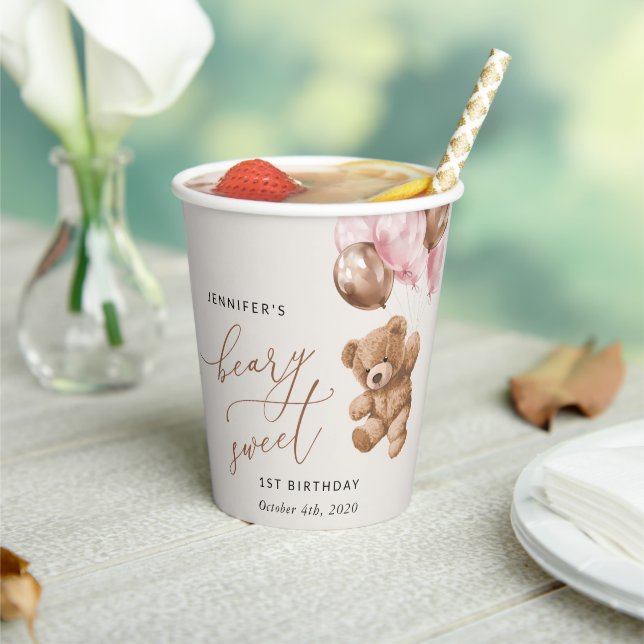 Teddy Bear, Pink Balloons, First Birthday Paper Cups (Insitu)