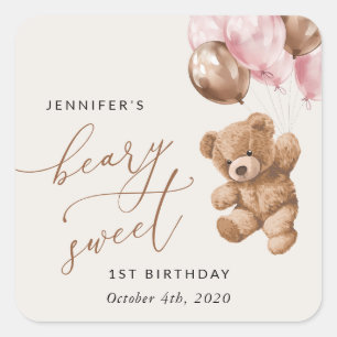 Teddy Bear, Pink Balloons, First Birthday Square Sticker