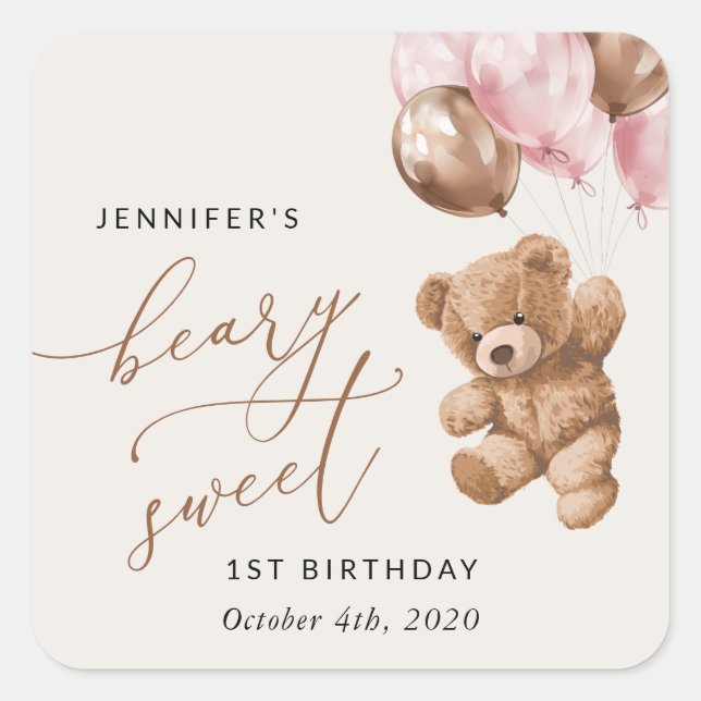 Teddy Bear, Pink Balloons, First Birthday Square Sticker (Front)